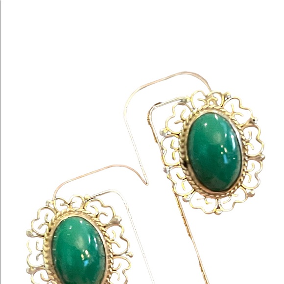 Vintage 925 Sterling silver Mexico filagree fancy oval Green Agate earrings - Picture 3 of 7